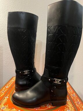 Michael Kors Rory Black Leather Embossed MK Logo Riding Boots FLAWED‼️
